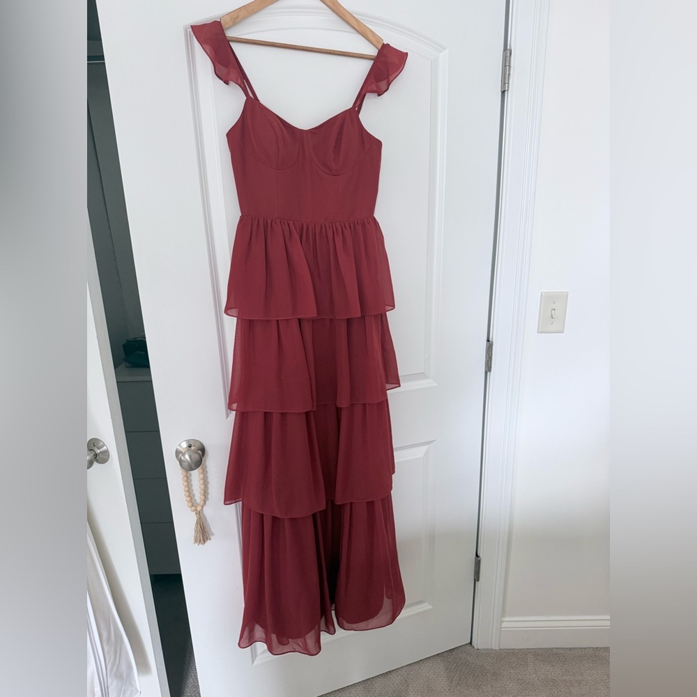 JJs House Burgundy Tiered Ruffle Evening Bridesmaid Dress